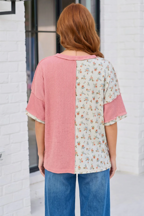 Patchwork Floral Ruffle Top in Pink and Blue - S787MU