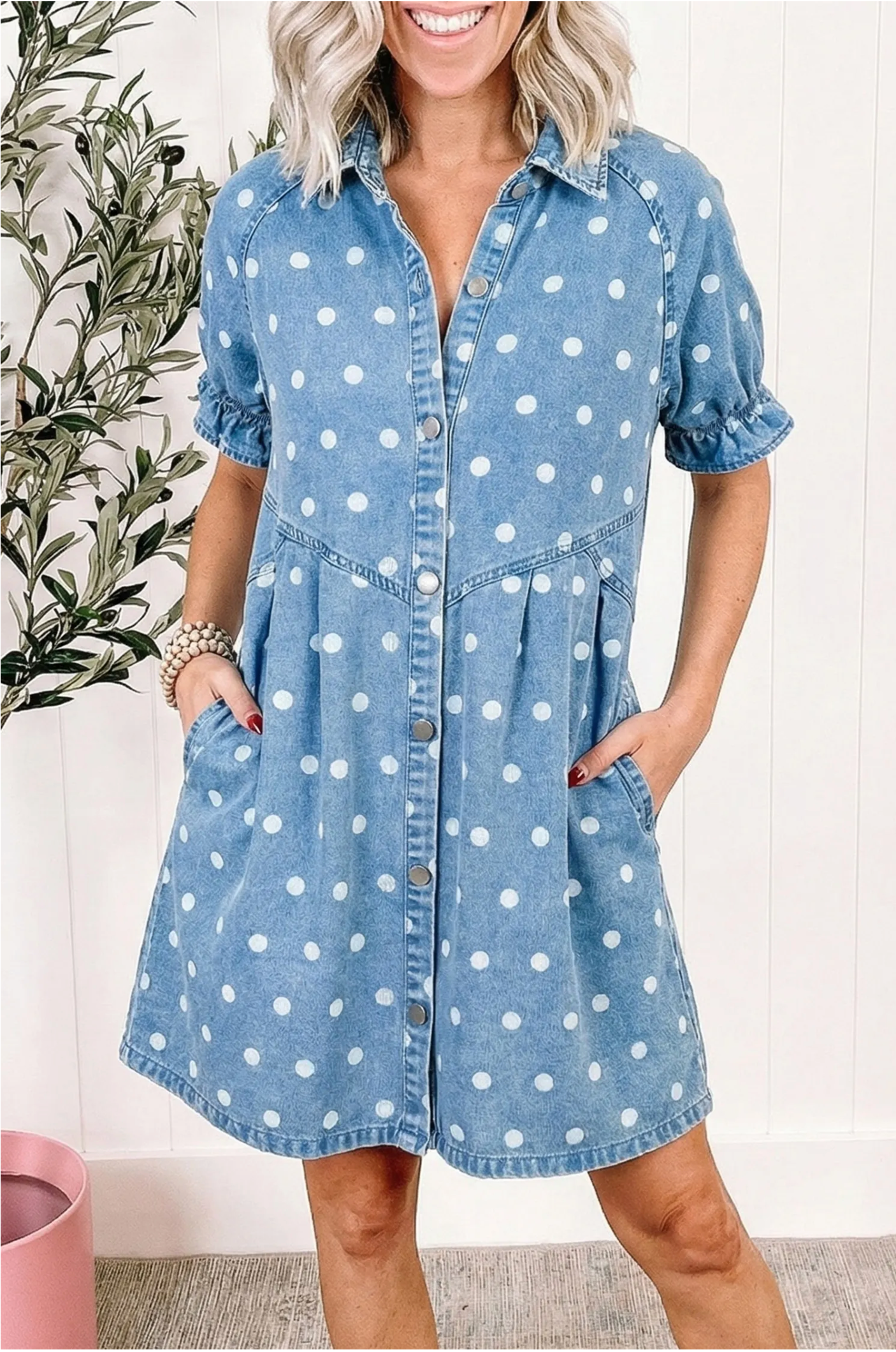 Spotted Around Town Polka Dot Denim Dress - DR226DN