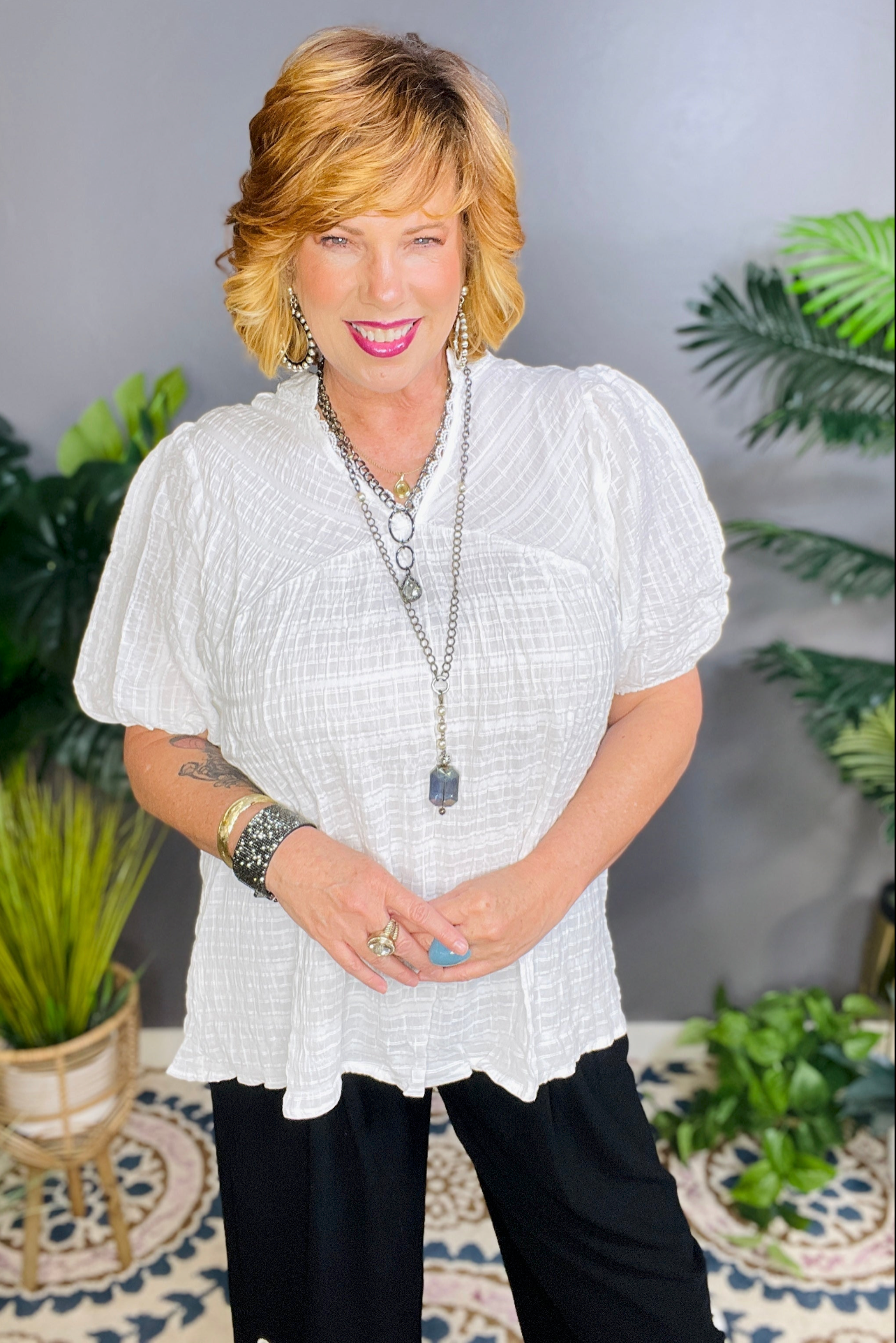 Bohemian Breeze Textured Puff Sleeve Blouse - S794WH