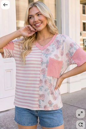 So Rosy Mixed Print V-Neck Top