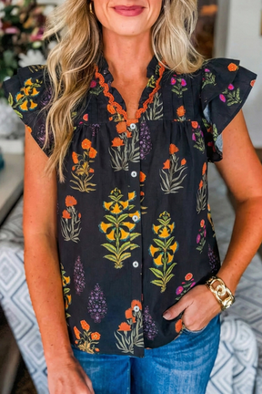Garden Splash Floral Print Top - S834BK
