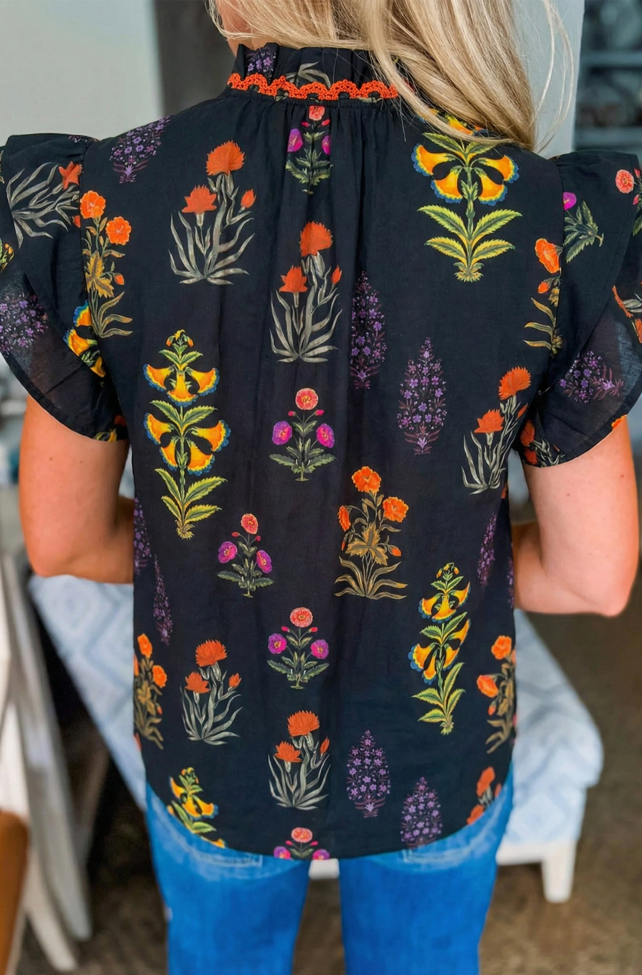 Garden Splash Floral Print Top - S834BK