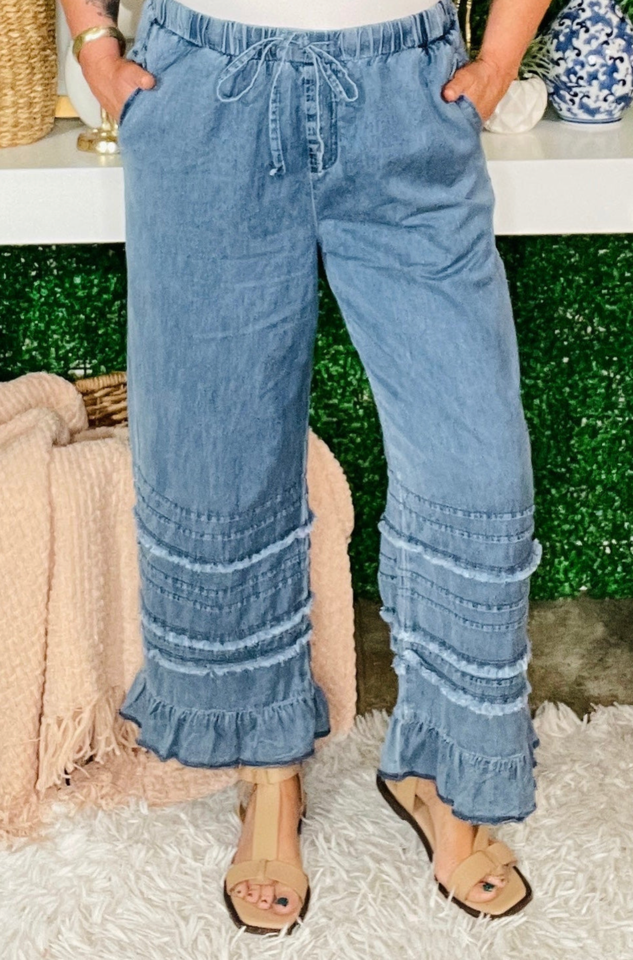 On The Scene Ruffled Hem Wide Leg Chambray Pants - P133DN