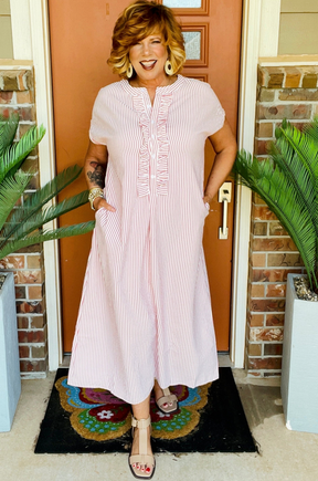 Country Charm Red Stripe Frilled Detail Dress - DR244RD