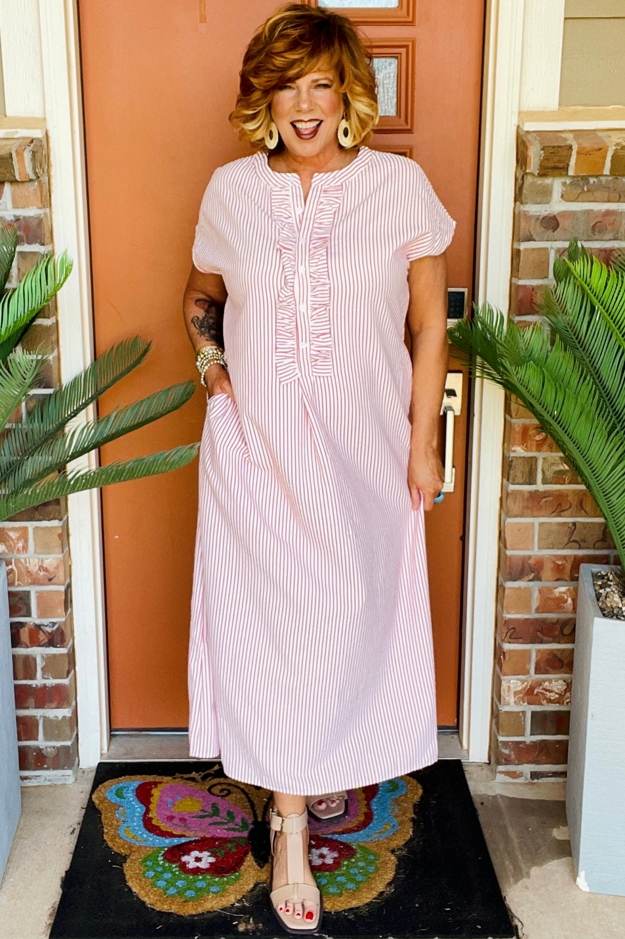 Country Charm Red Stripe Frilled Detail Dress - DR244RD