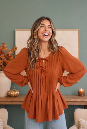 Sipping Apple Cider Tie Neck Blouse