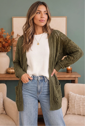 Cozy Days Open Knit Cardigan in Olive
