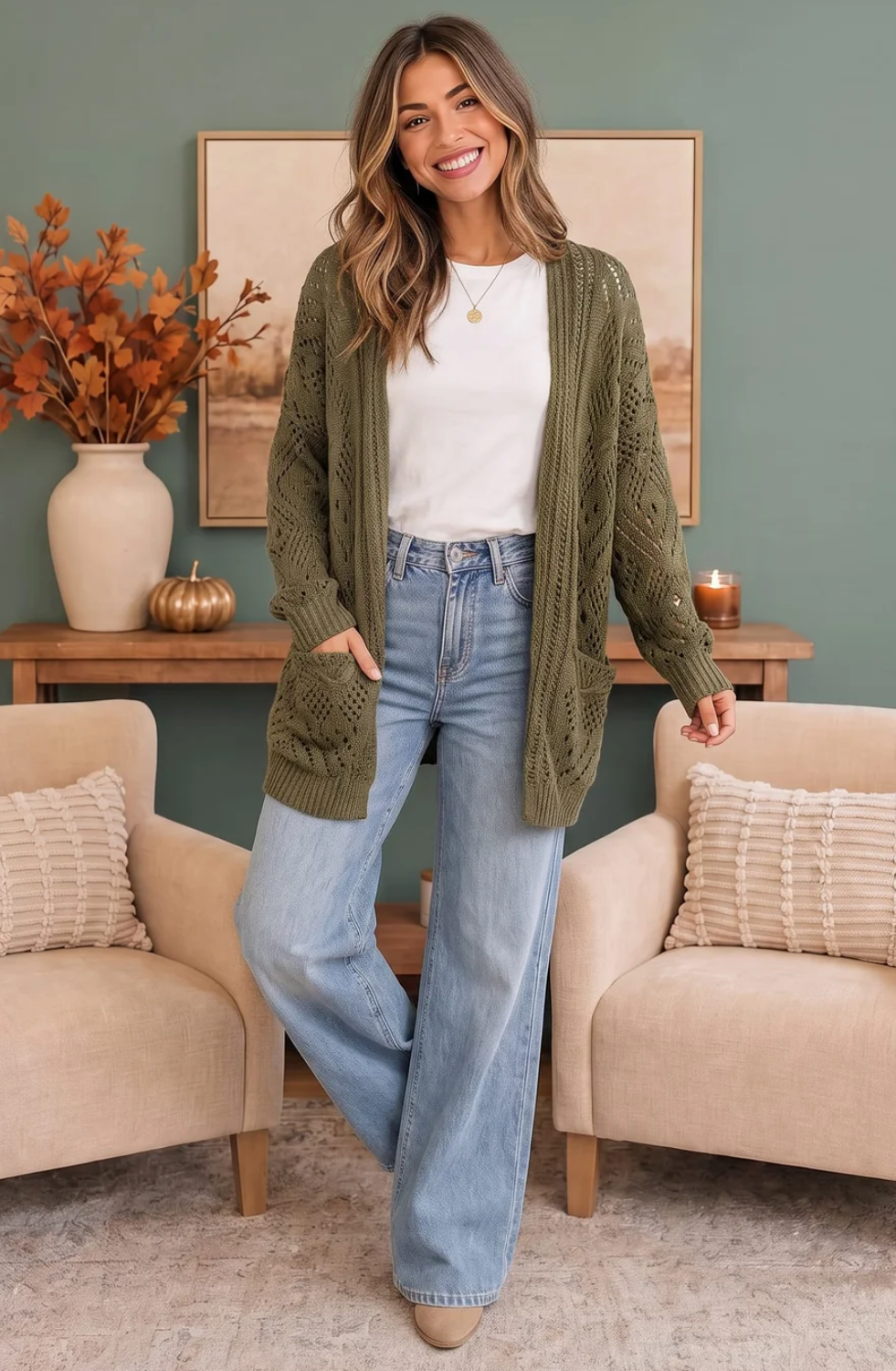 Cozy Days Open Knit Cardigan in Olive