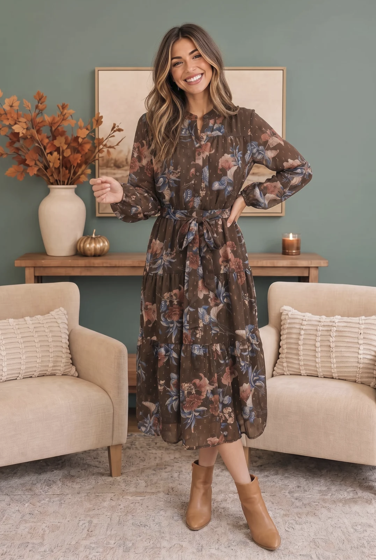 Autumn Garden Floral Midi Dress L