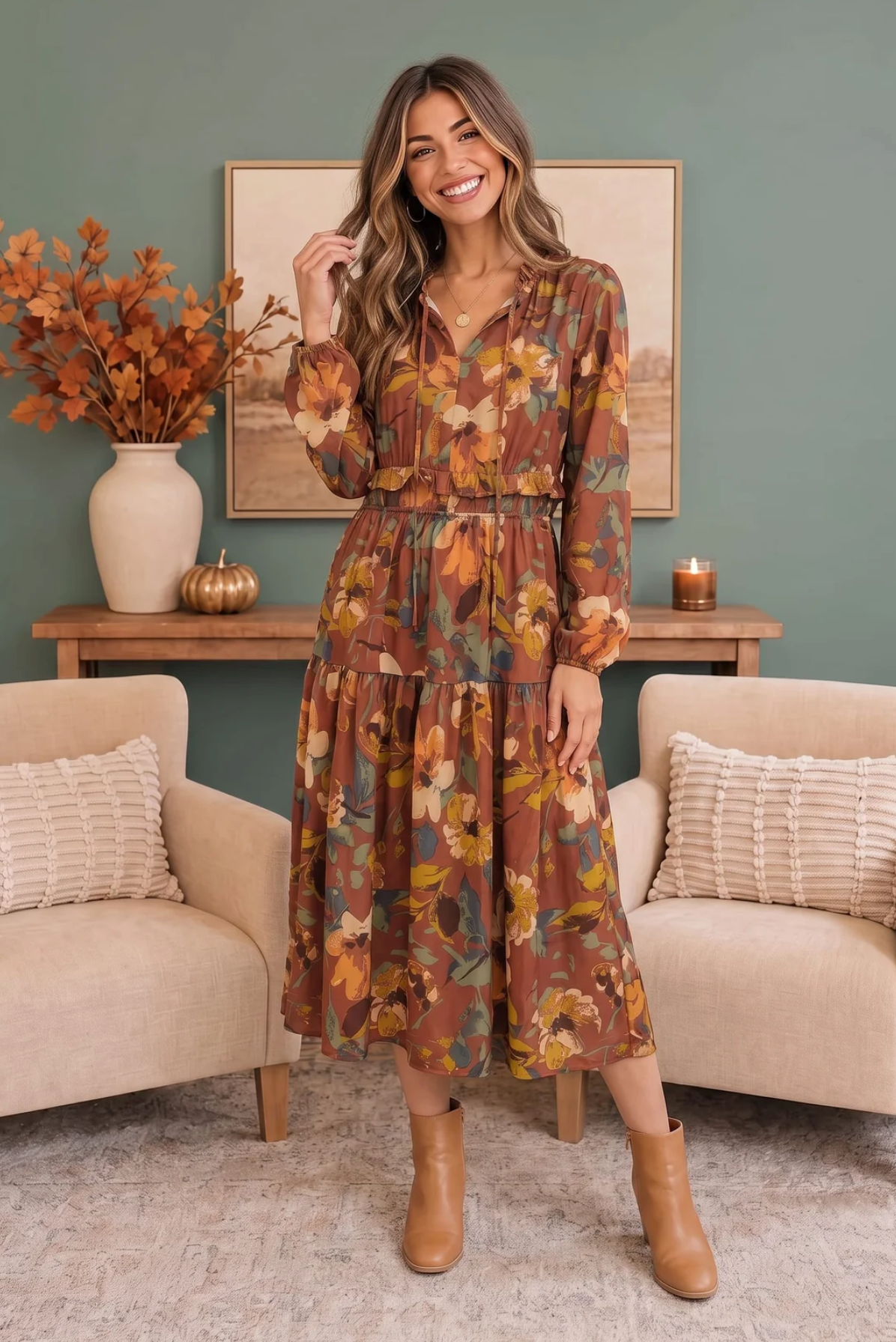Harvest Bloom Tiered Midi Dress