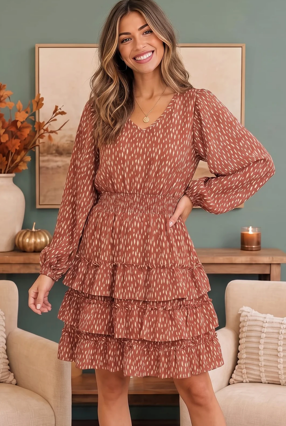 Rust Speckled Ruffle Tiered Mini Dress