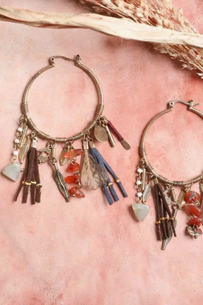 Carnelian & Jade Feather Fringe Hoop Earring - E112MU