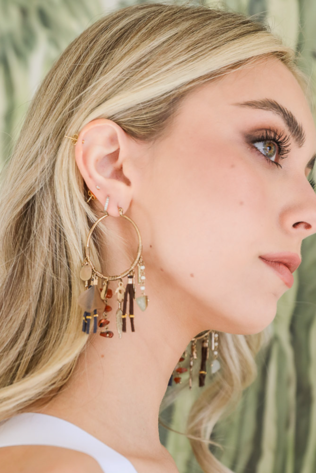 Carnelian & Jade Feather Fringe Hoop Earring - E112MU