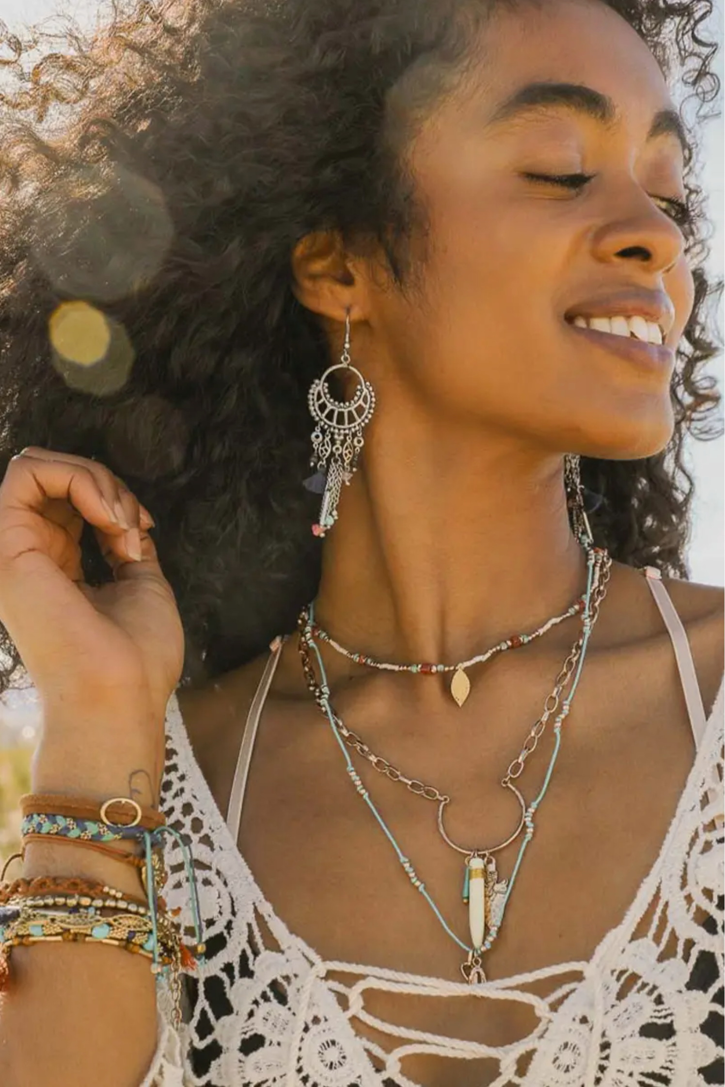 Dangling Rose Quartz and Fringe Earring - E114SI
