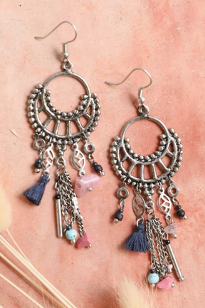 Dangling Rose Quartz and Fringe Earring - E114SI