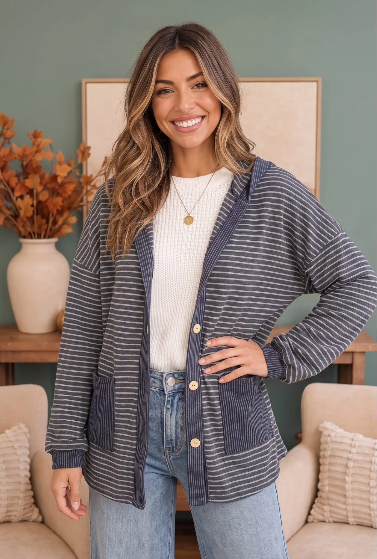Crafting Corner Stripe Button Front Hoodie