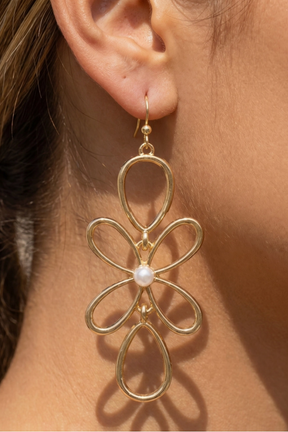 Gold Flower Pearl Drop Earrings - E119GO