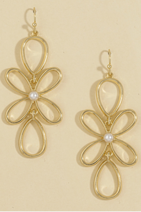 Gold Flower Pearl Drop Earrings - E119GO