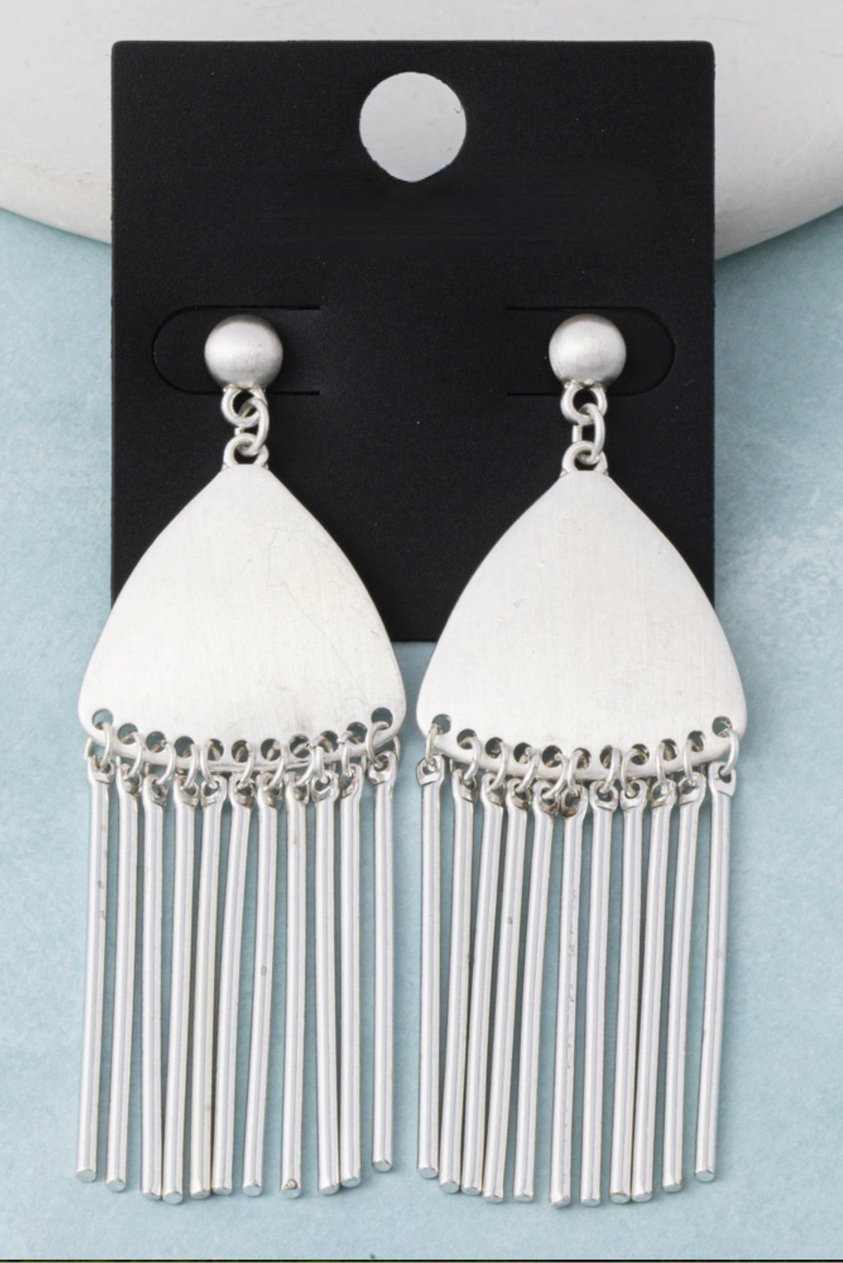 Silver Triangle Plate Fringe Earrings - E122SI