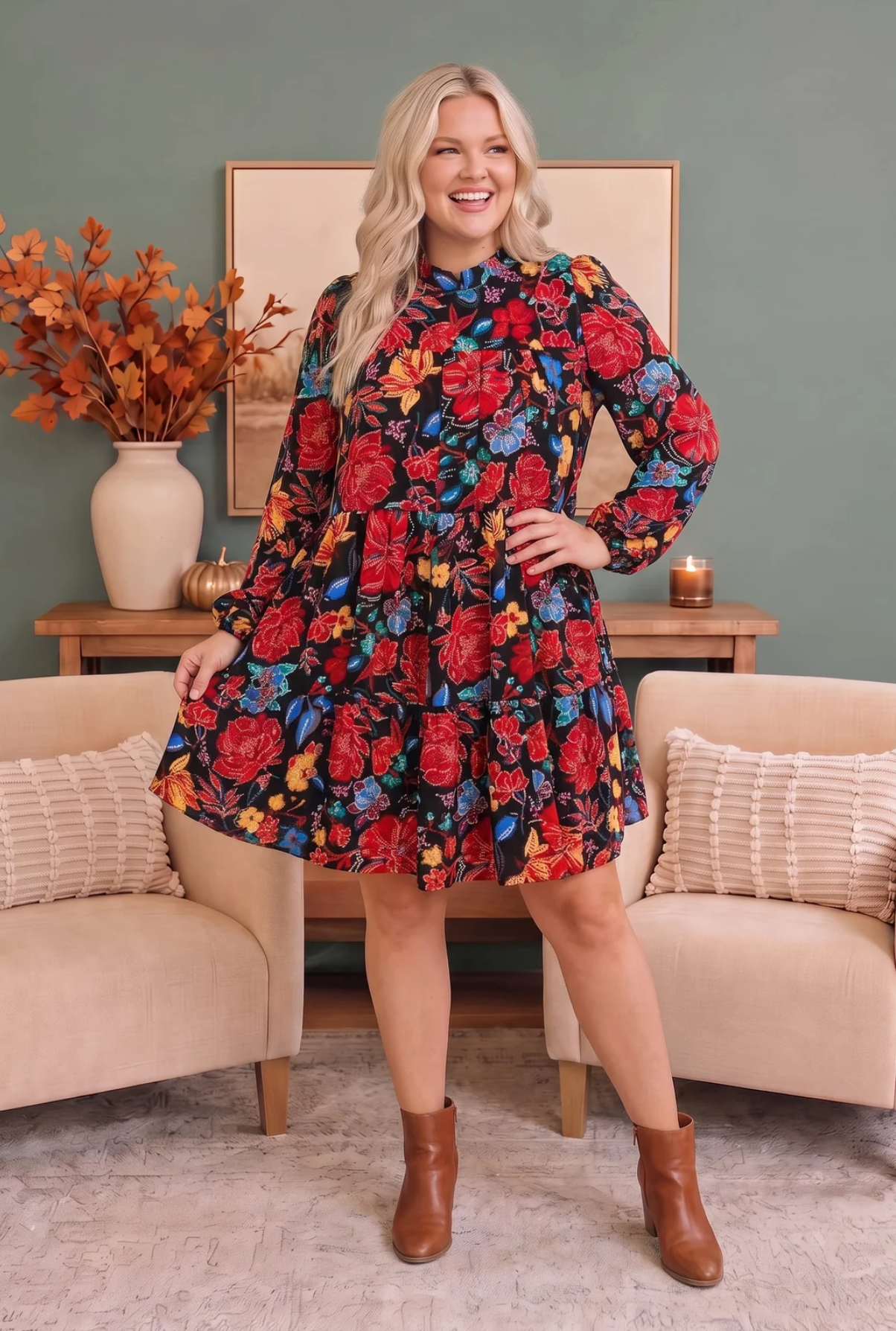 Bold Blooms Long Sleeve Tiered Mini Dress