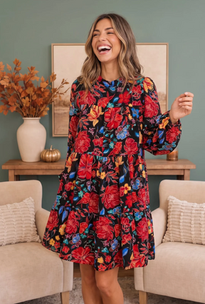 Bold Blooms Long Sleeve Tiered Mini Dress