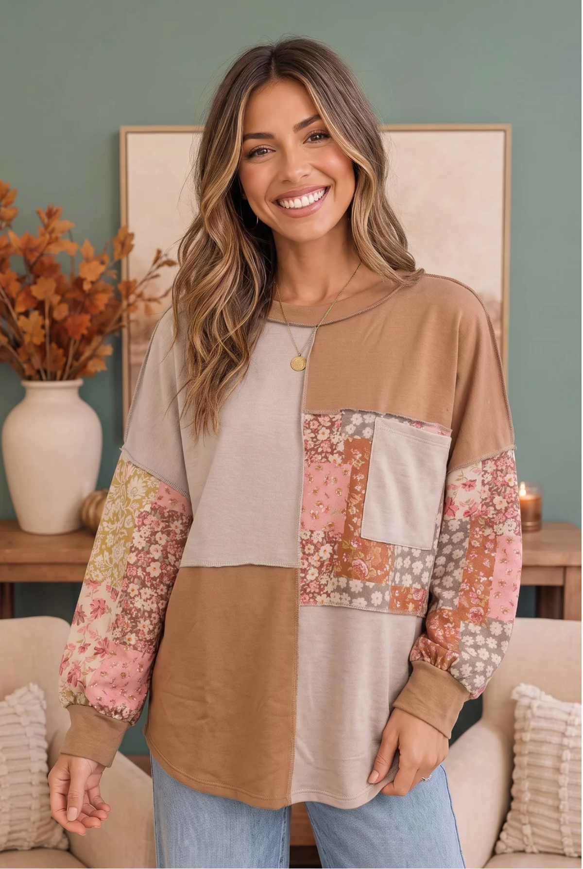 Neapolitan Patchwork Floral Colorblock Pullover