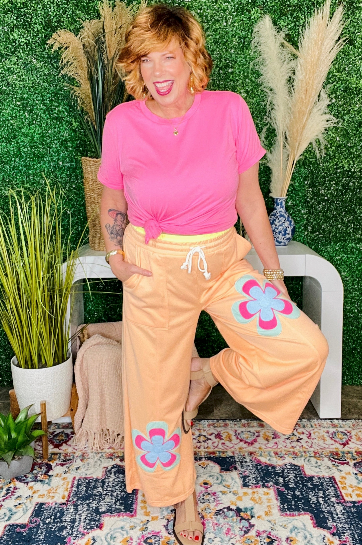 Boho Feels Grapefruit Flower Patchwork Drawstring Wide Leg Pants - P160GP