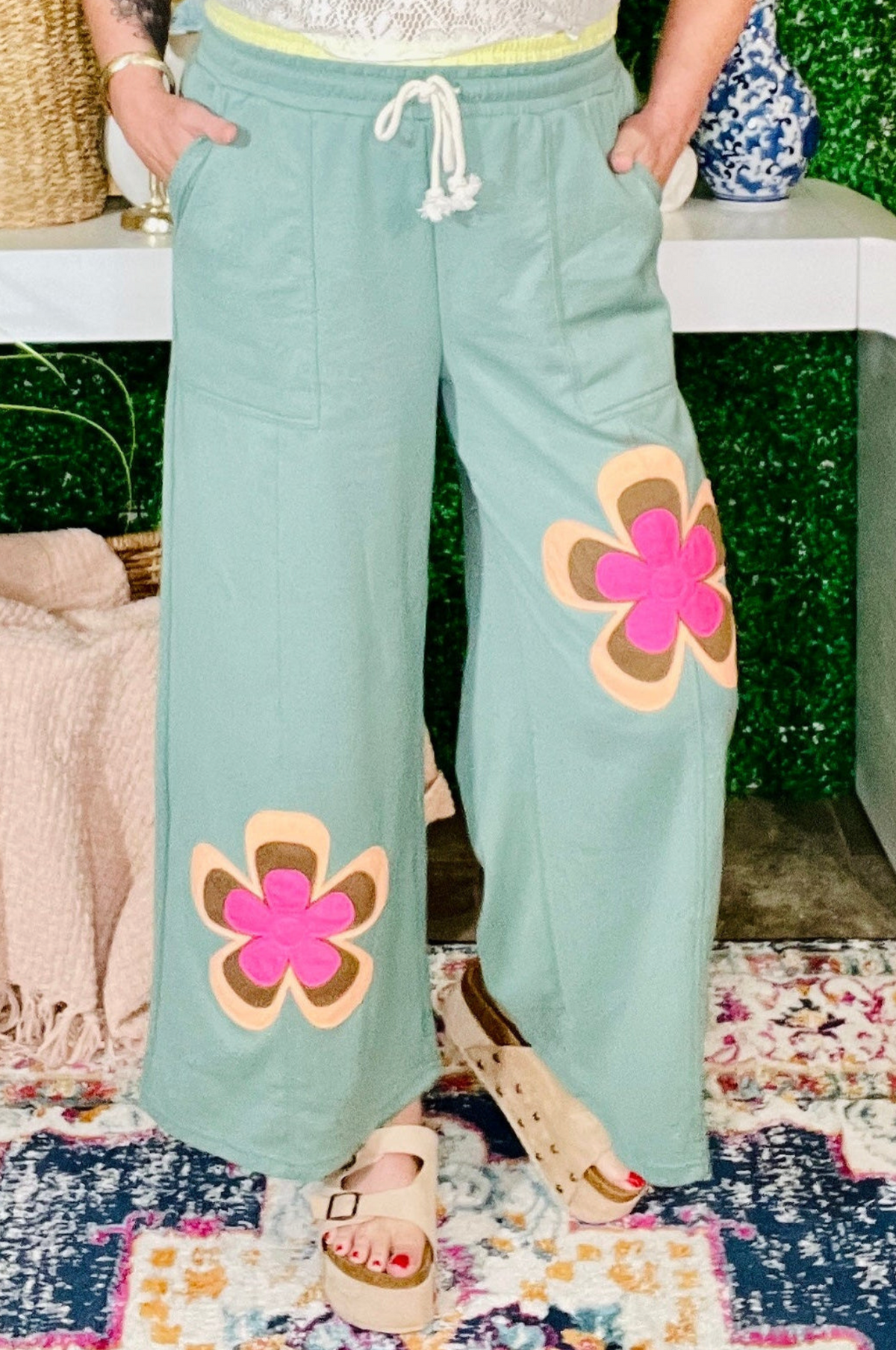 Boho Feels Sea Green Flower Patchwork Drawstring Wide Leg Pants - P161SG