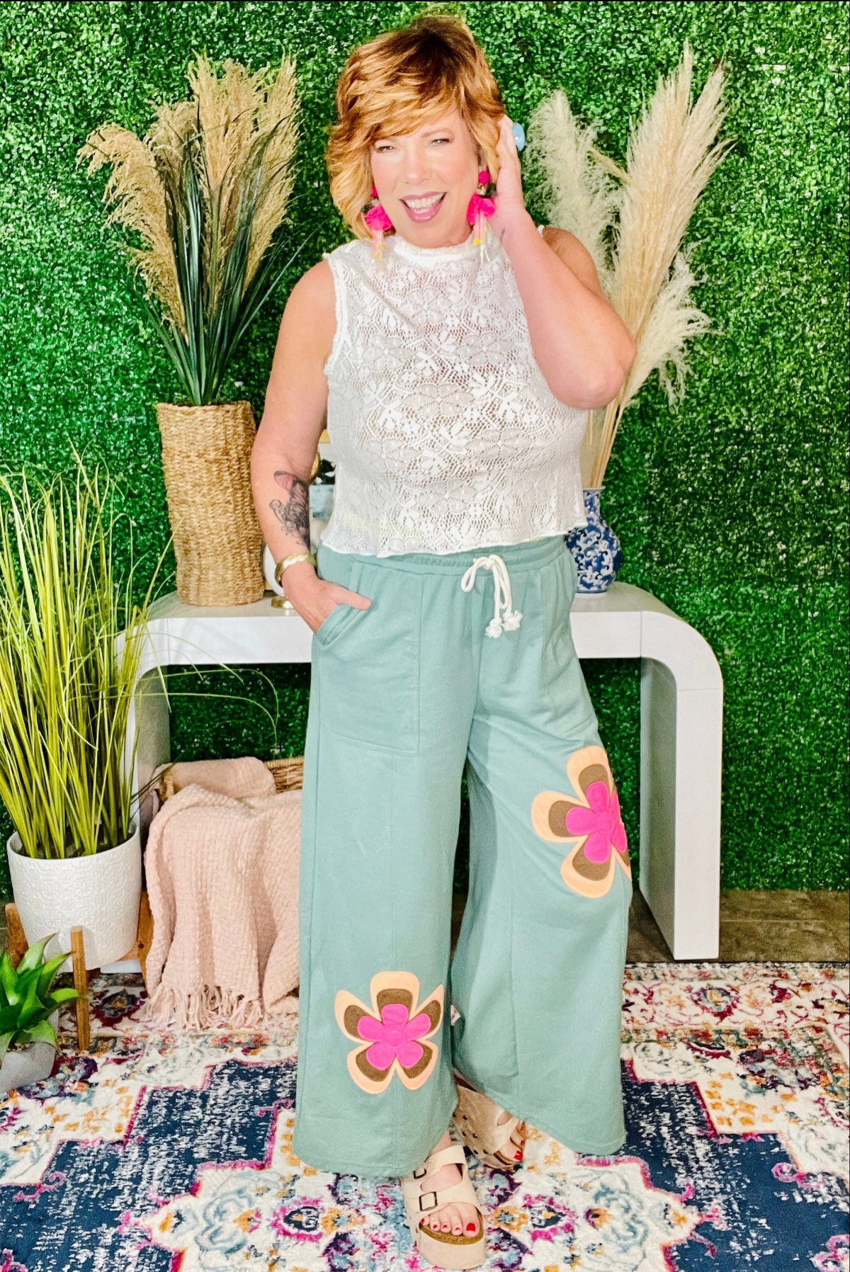 Boho Feels Sea Green Flower Patchwork Drawstring Wide Leg Pants - P161SG