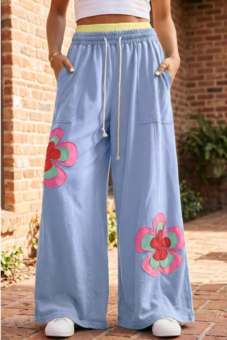 Boho Feels Sky Blue Flower Patchwork Drawstring Wide Leg Pants - P162BL