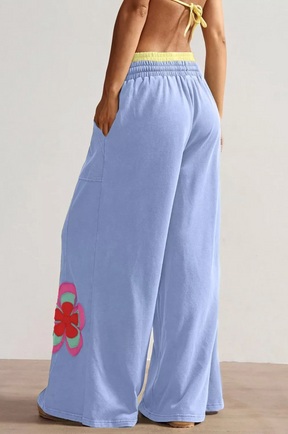 Boho Feels Sky Blue Flower Patchwork Drawstring Wide Leg Pants - P162BL