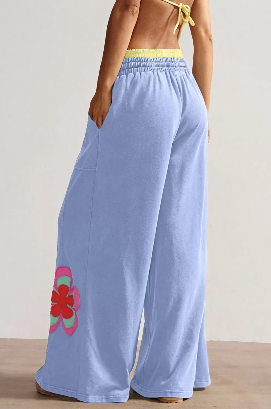 Boho Feels Sky Blue Flower Patchwork Drawstring Wide Leg Pants - P162BL