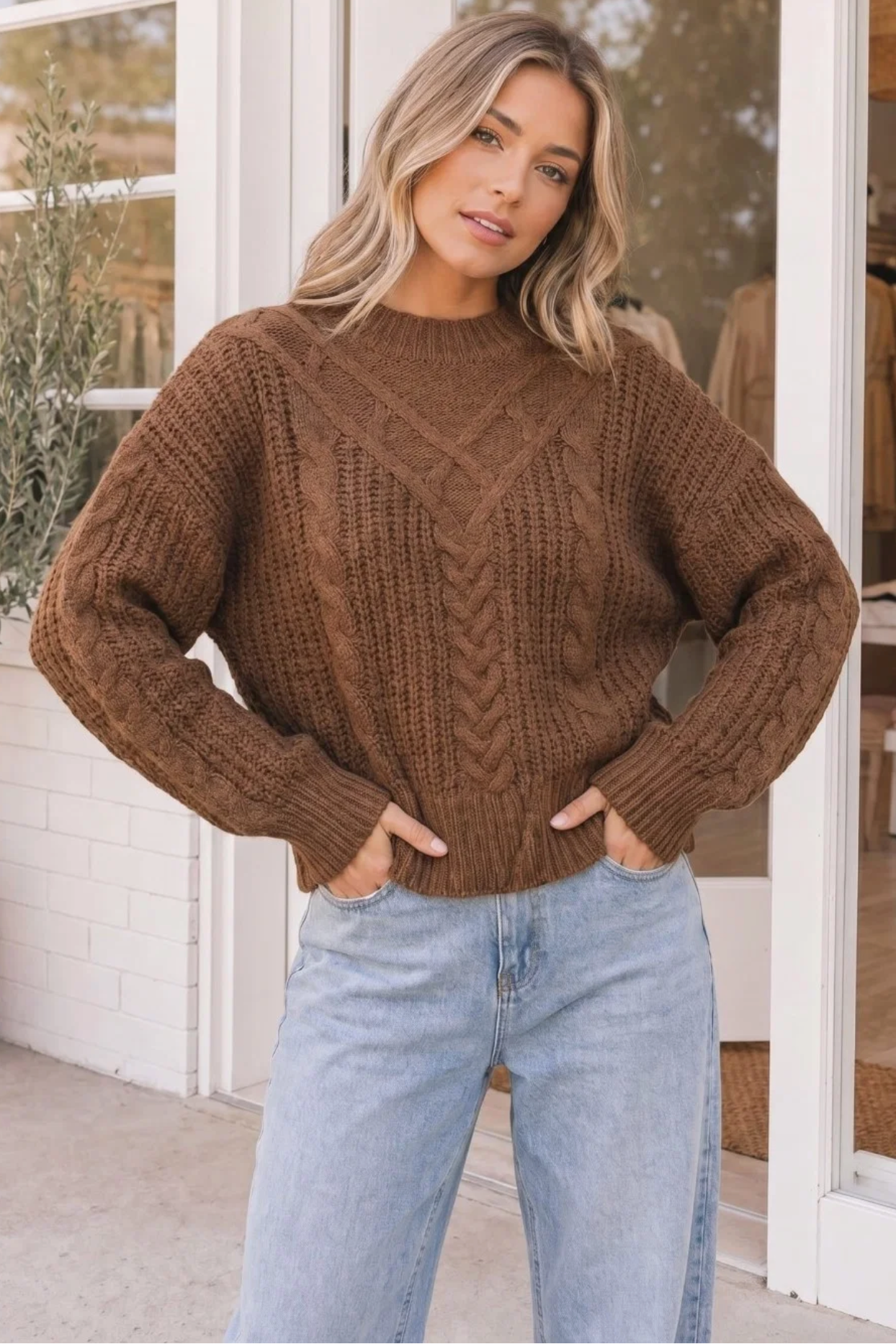 October Kiss Cable Knit Sweater in Warm Mocha