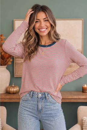 Stripe It Up Long Sleeve Tee in Red