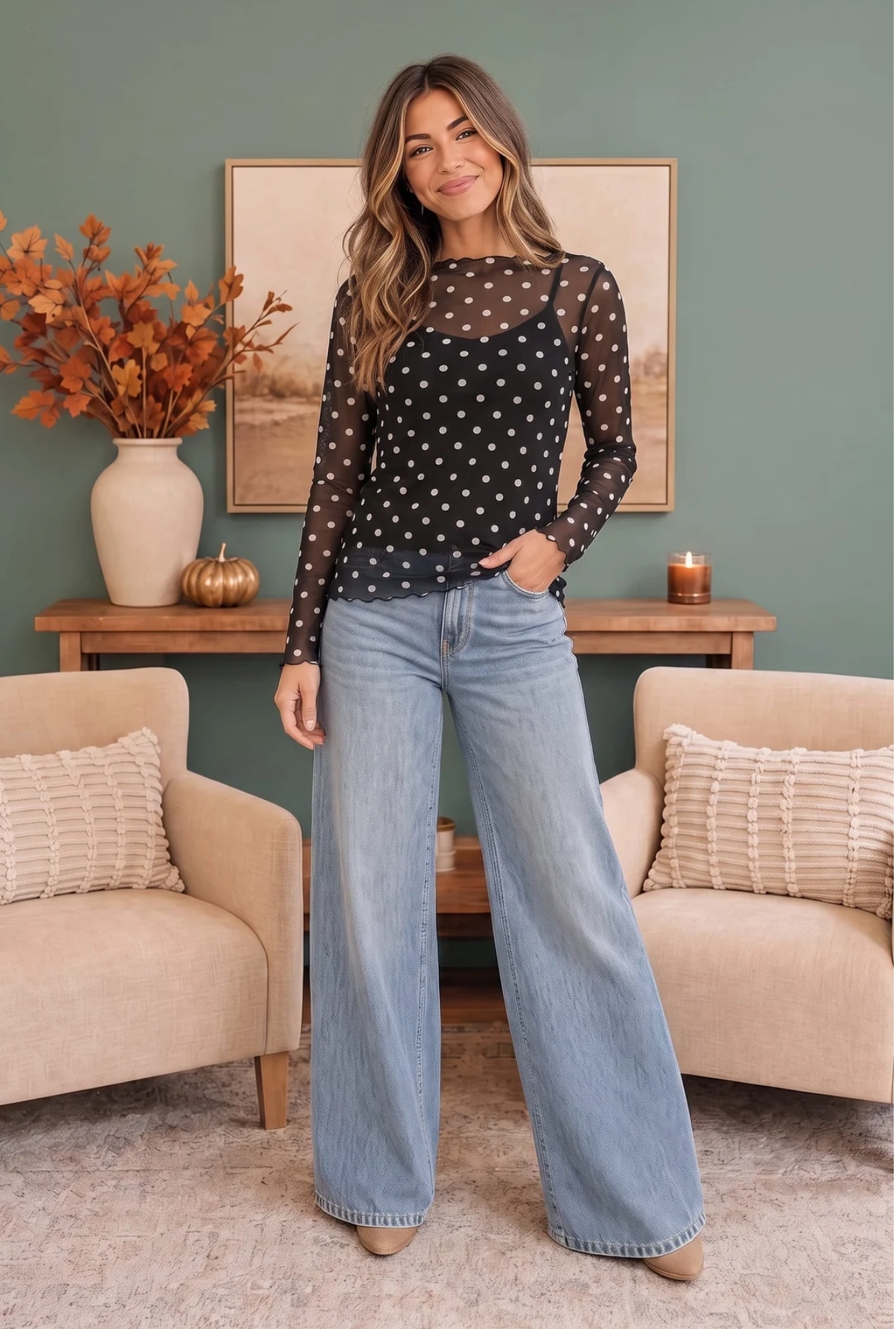 Dot to Dot Mesh Long Sleeve Top