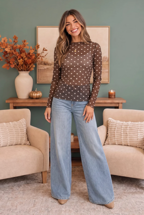 Dotted Dreams Sheer Mesh Mock Neck Top