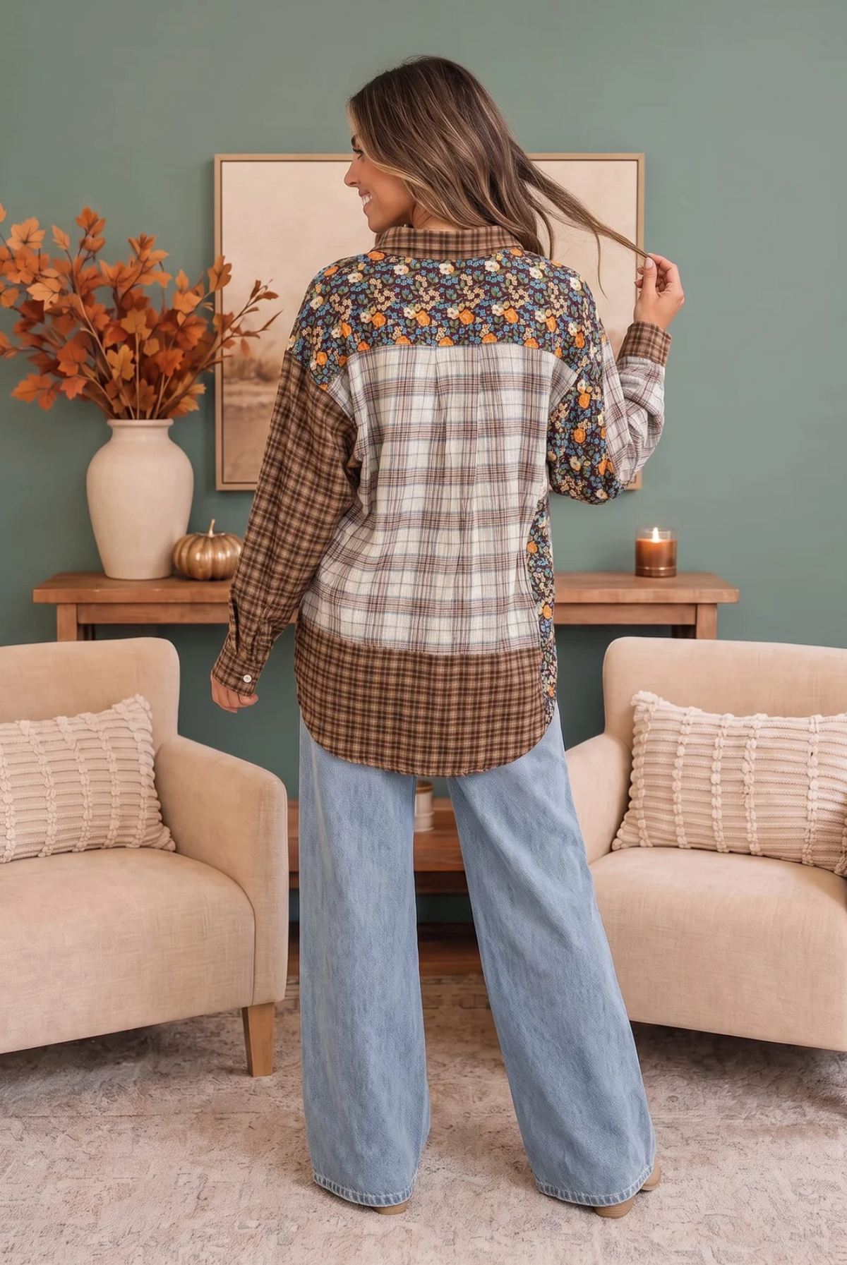 Patchwork Plaid Mixed Media Button Down Shirt