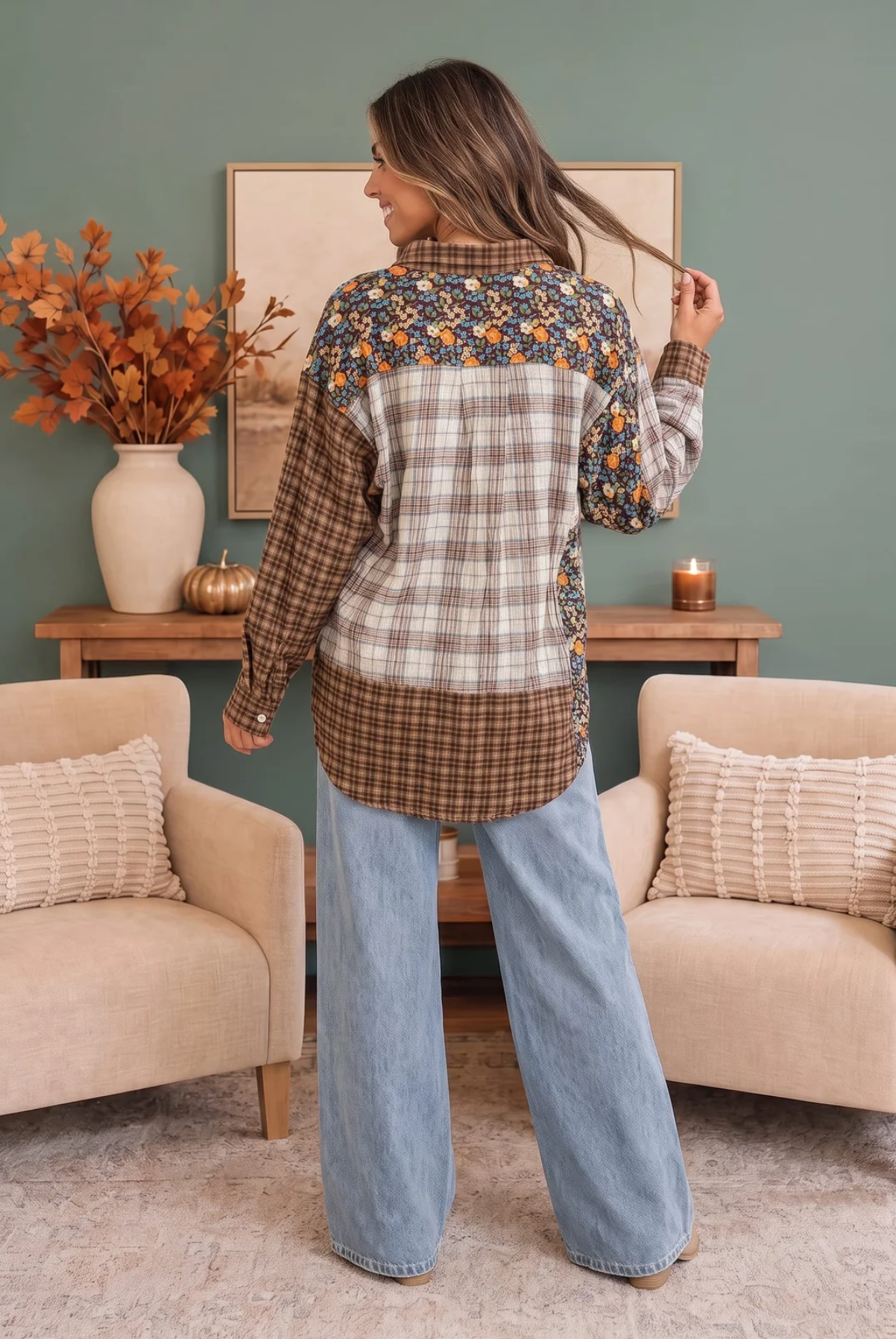 Patchwork Plaid Mixed Media Button Down Shirt