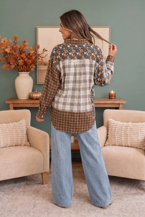 Patchwork Plaid Mixed Media Button Down Shirt