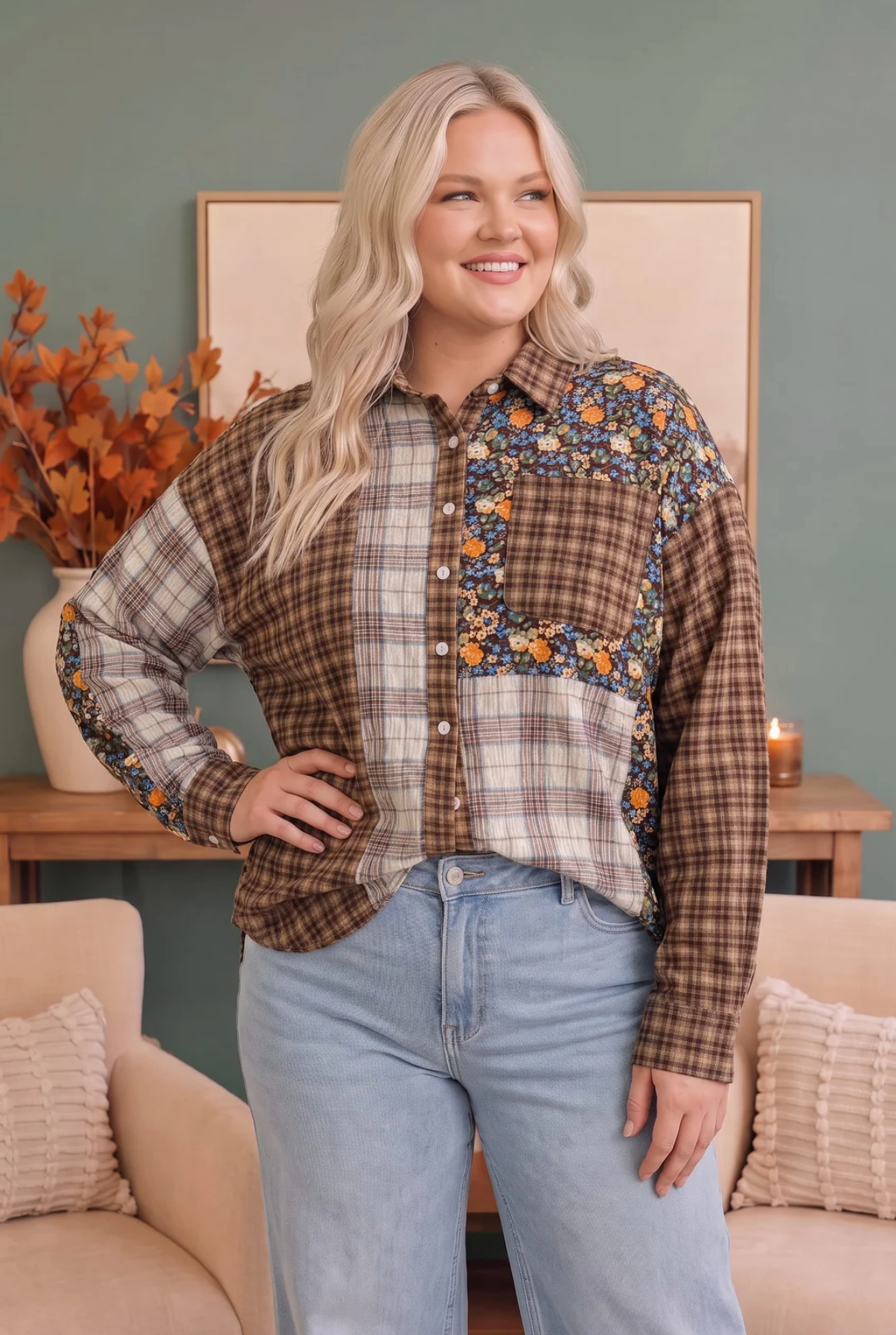 Patchwork Plaid Mixed Media Button Down Shirt