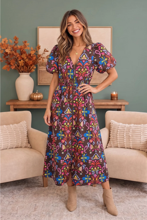 Groovy Garden Zip Front Floral Midi Dress