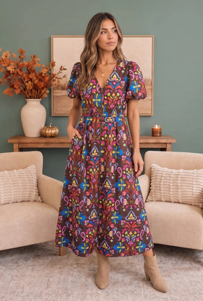 Groovy Garden Zip Front Floral Midi Dress