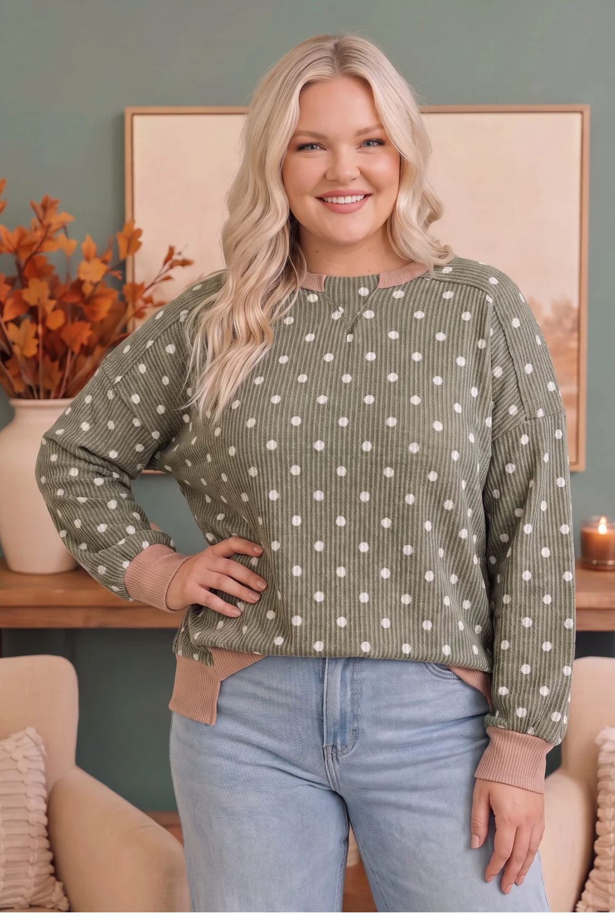 Cozy Dots Ribbed Pullover in Olive
