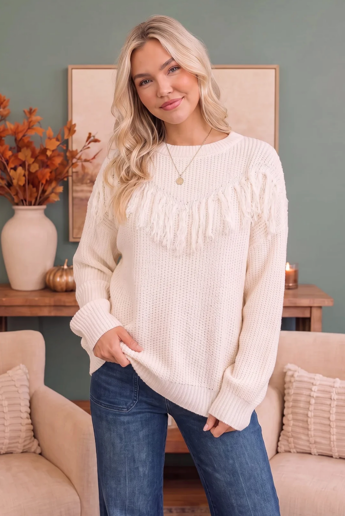 Fringe Forward Cream Knit Sweater