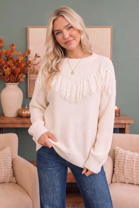 Fringe Forward Cream Knit Sweater