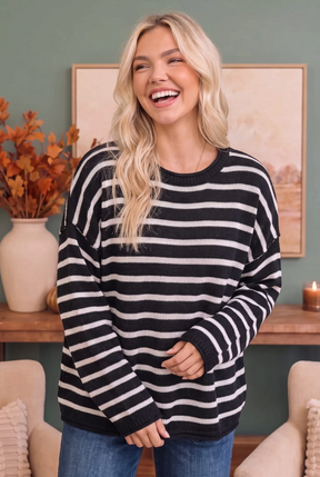 Everyday Me Stripe Knit Pullover in Black