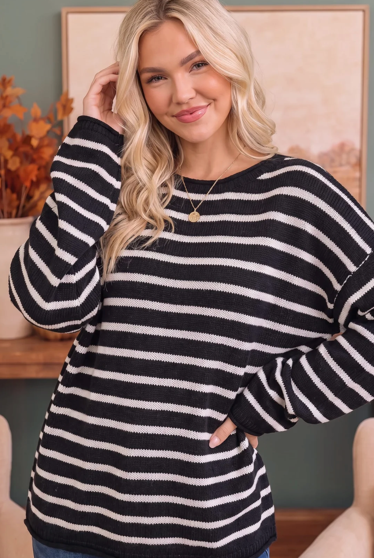 Everyday Me Stripe Knit Pullover in Black