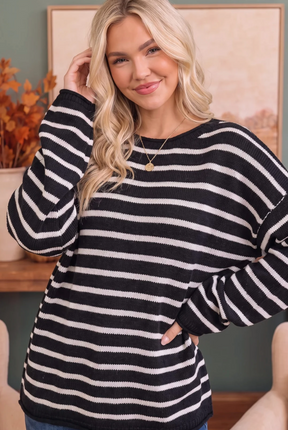 Everyday Me Stripe Knit Pullover in Black