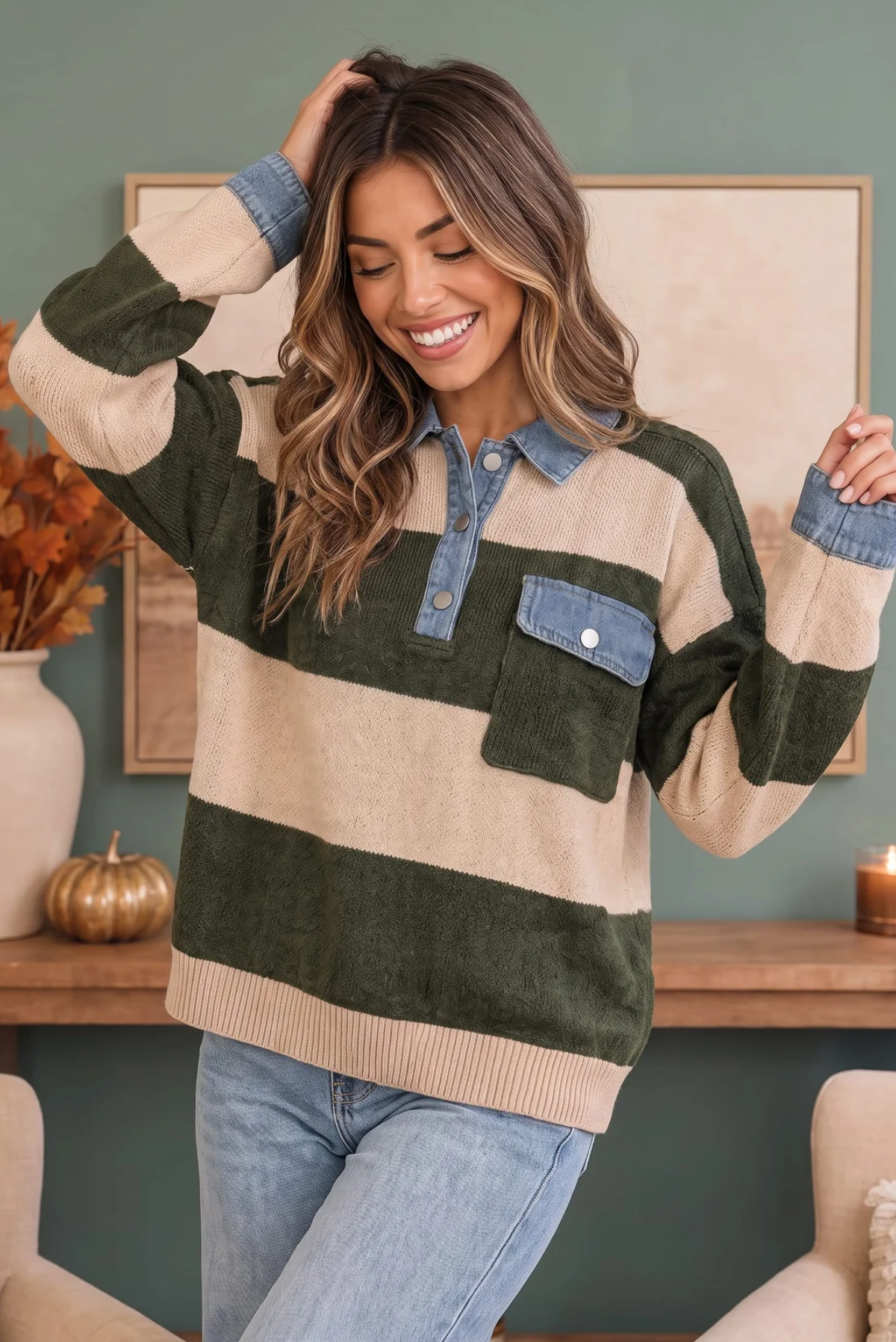 Olive Grove Striped Denim Collar Sweater