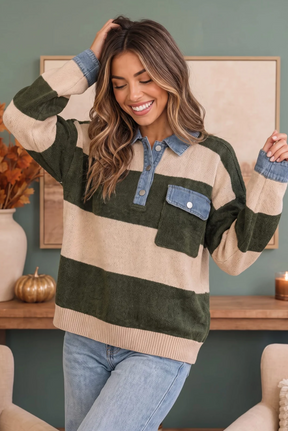 Olive Grove Striped Denim Collar Sweater